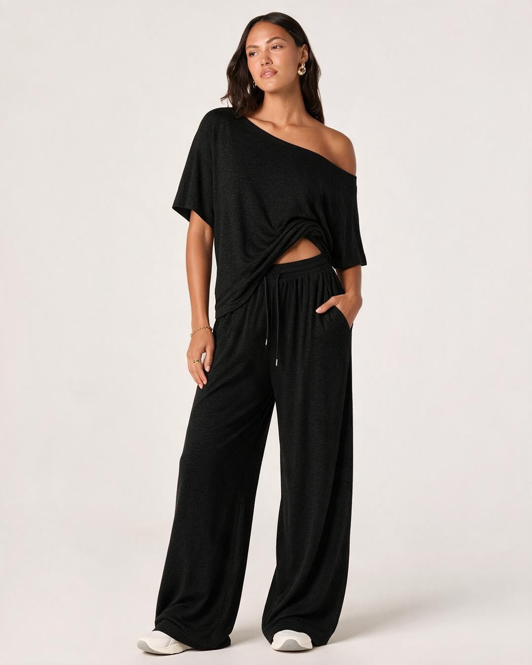 Off-Shoulder Top & Wide Leg Pants Lounge Set