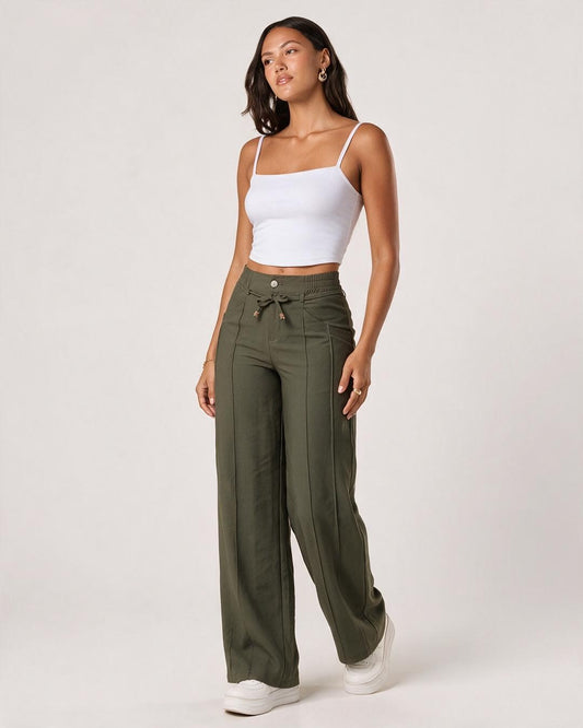 High Waist Drawstring Wide Leg Pants